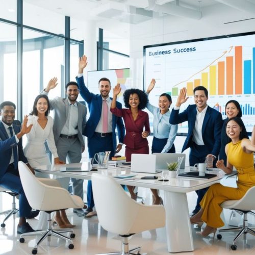 Một đội ngũ sắc đang cộng biểu tượng trong phòng trưng bày không giấy, có thể hiện thực sự chuyên nghiệp và hài lòng