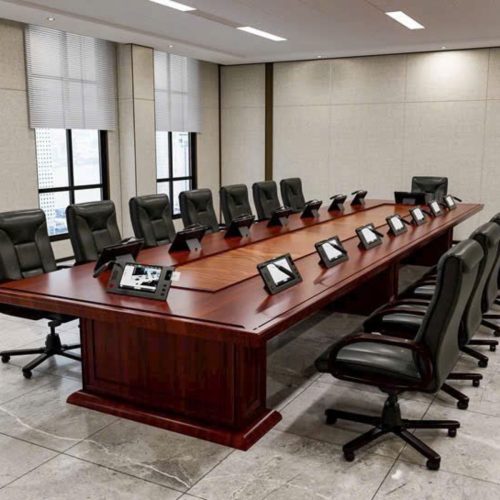 Một phòng họp không giấy hiện đại, gọn gàng với màn hình tương tác thông minh và không có tài liệu giấy