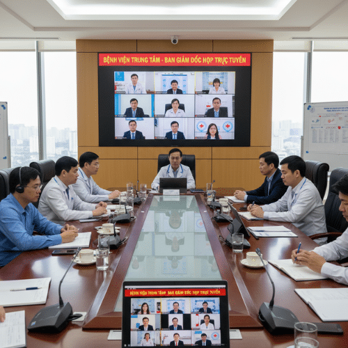 Ban giám đốc bệnh viện điều hành qua họp trực tuyến