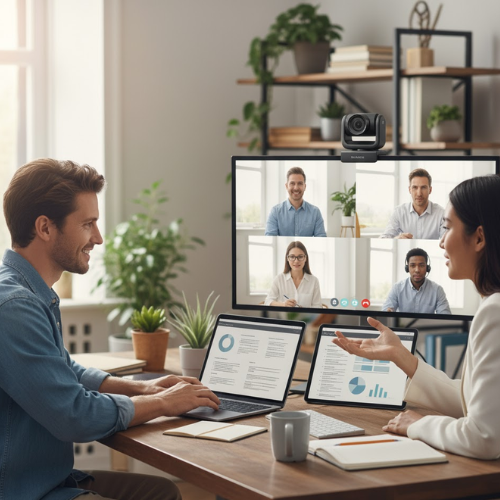 Làm việc và họp trực tuyến với camera phòng họp chuyên dụng
