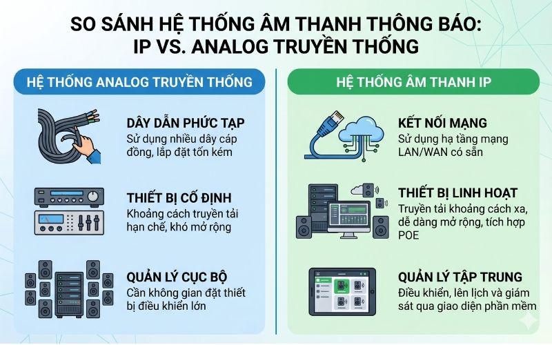 Hệ thống âm thanh thông báo IP là gì Sự khác biệt so với hệ thống Analog truyền thống