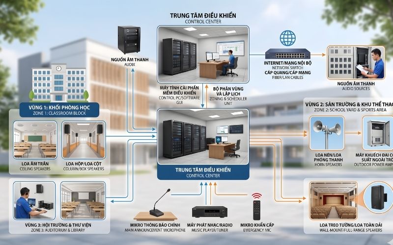 Sơ đồ kết nối điển hình hệ thống âm thanh thông báo trường học