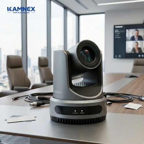 Camera hội nghị truyền hình PTZ Vissonic VIS-CDC-H20/H30 với thiết kế hiện đại, hỗ trợ zoom quang học độ phân giải cao trong không gian phòng họp doanh nghiệp sang trọng
