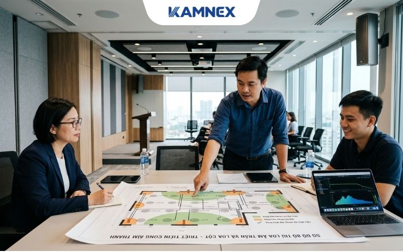 Sơ đồ bố trí loa âm trần và loa cột để triệt tiêu vùng chết âm thanh